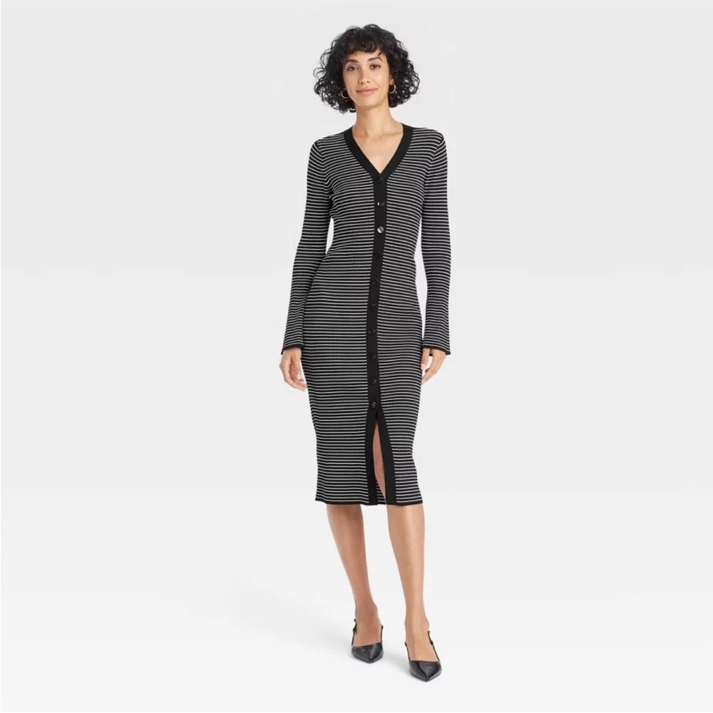 A New Day Black and White Long Sleeve Midi Dress